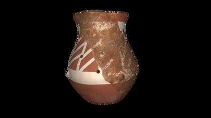 3D model of a prehistoric vase. Markers are visible, as well as the original prehistoric fragment on which the rest of the reconstruction was built on.